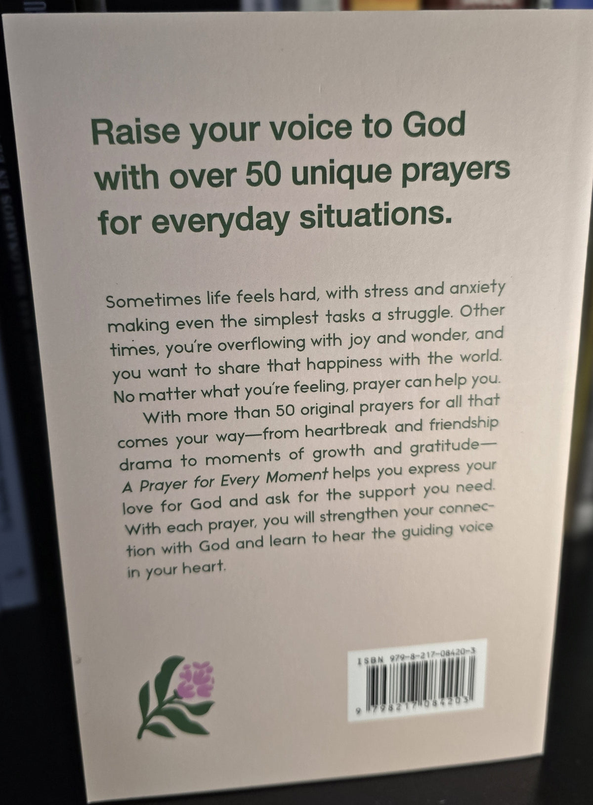 Contraportada de A Prayer for Every Moment con información sobre más de 50 oraciones